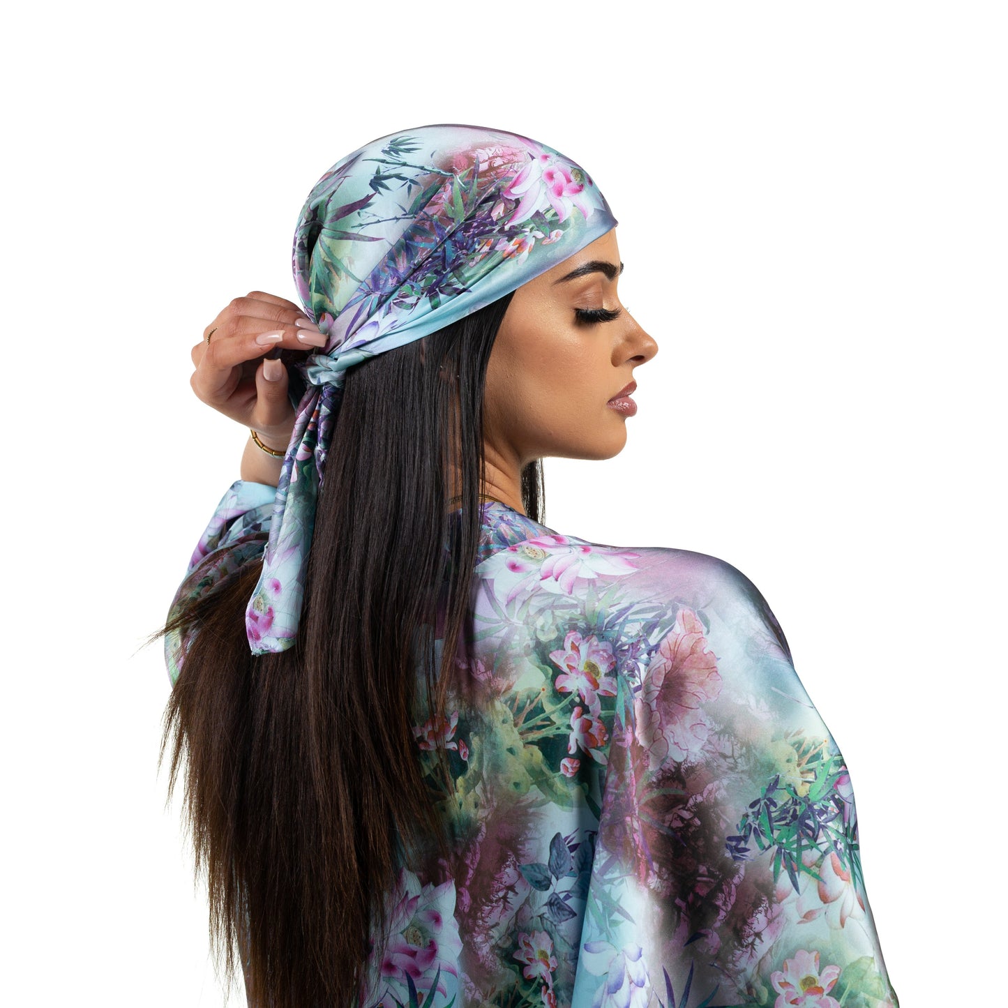 Natalie Anderson blue waterlily print satin kimono and head hair scarf- model close up