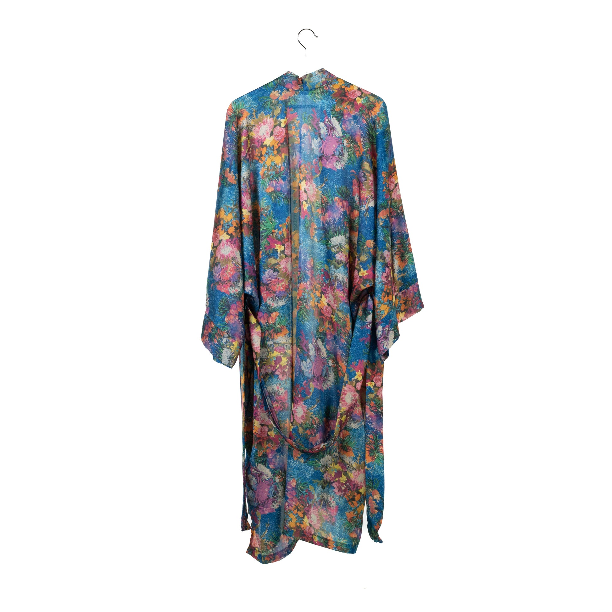 Natalie Anderson Satin painted floral brushstroke kimono royal blue - back view