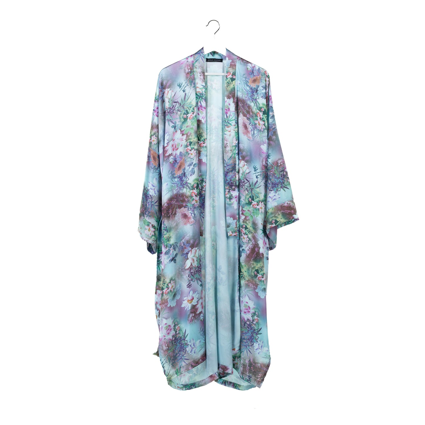 Natalie Anderson blue waterlily print satin kimono - front view