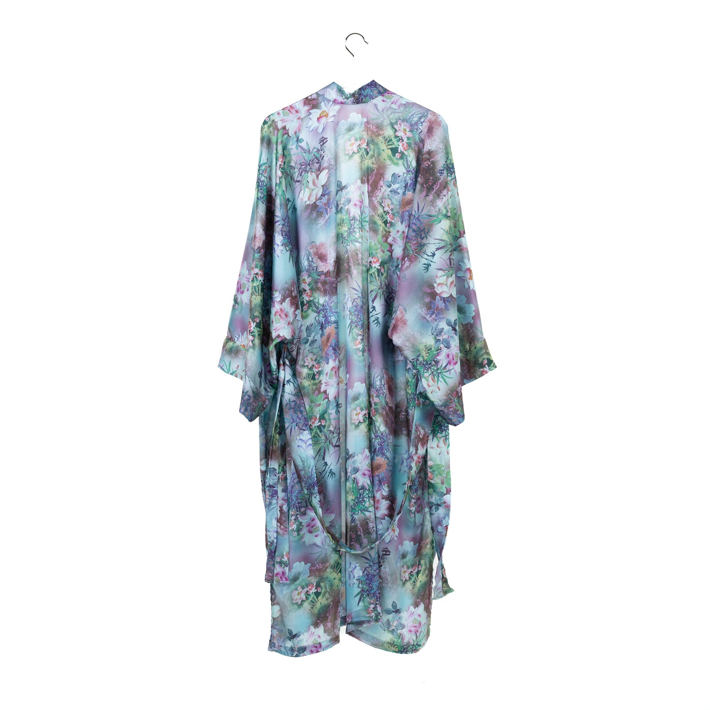 Natalie Anderson blue waterlily print satin kimono - back view