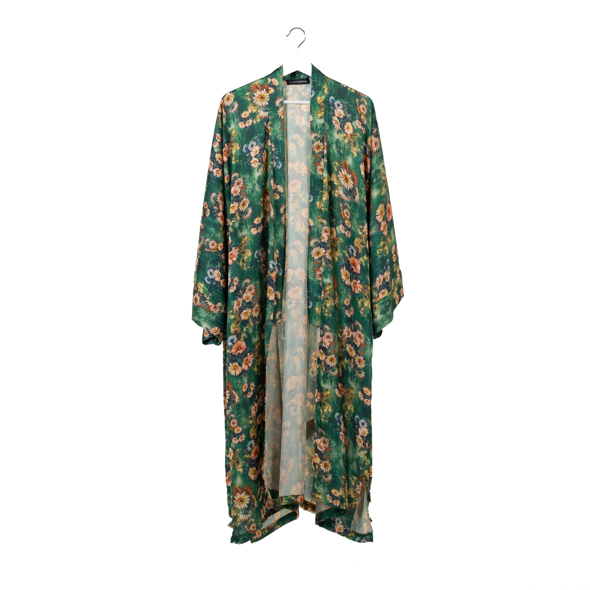 Natalie Anderson green and yellow satin sunflowers kimono - front view