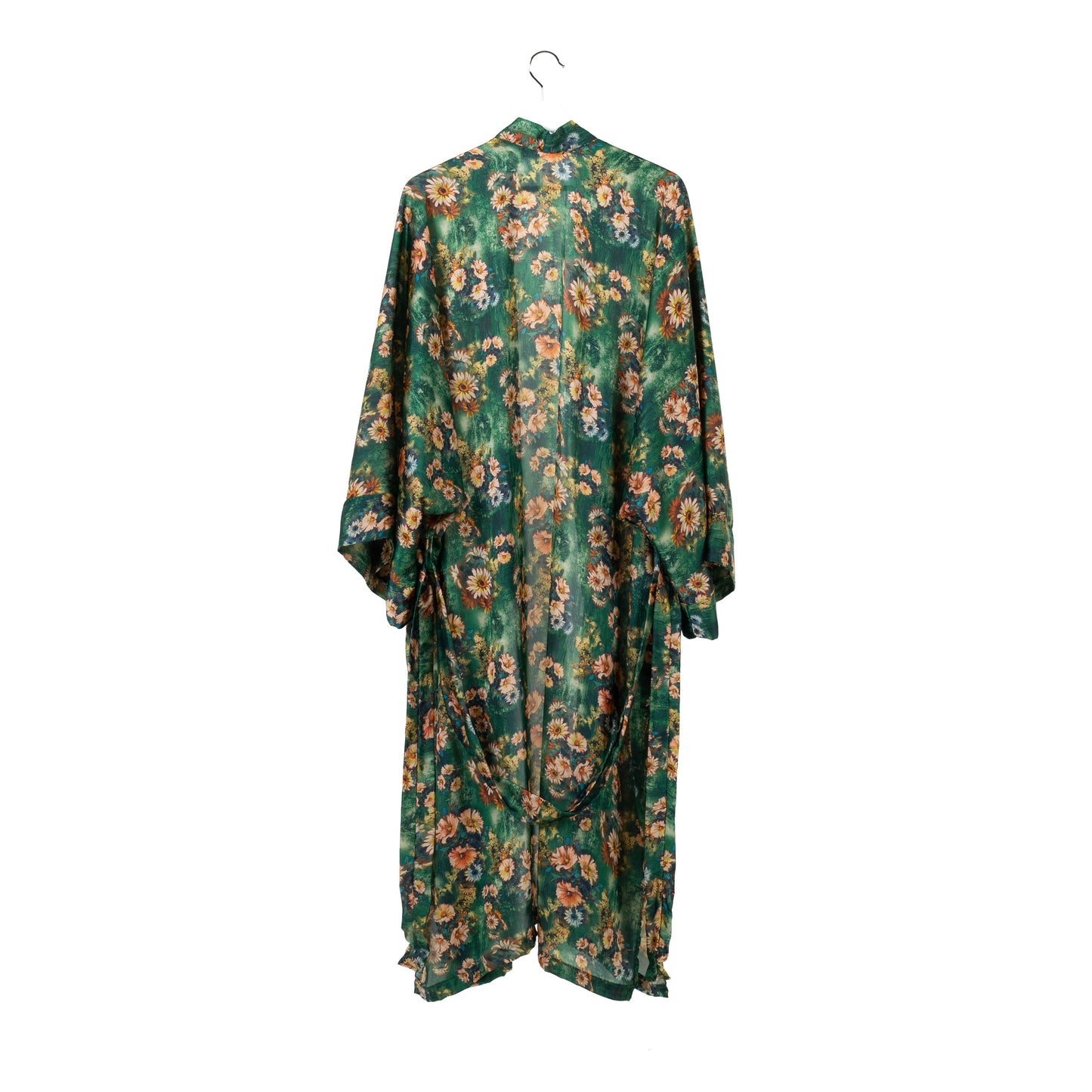 Natalie Anderson green and yellow satin sunflowers kimono - back view, belt visible