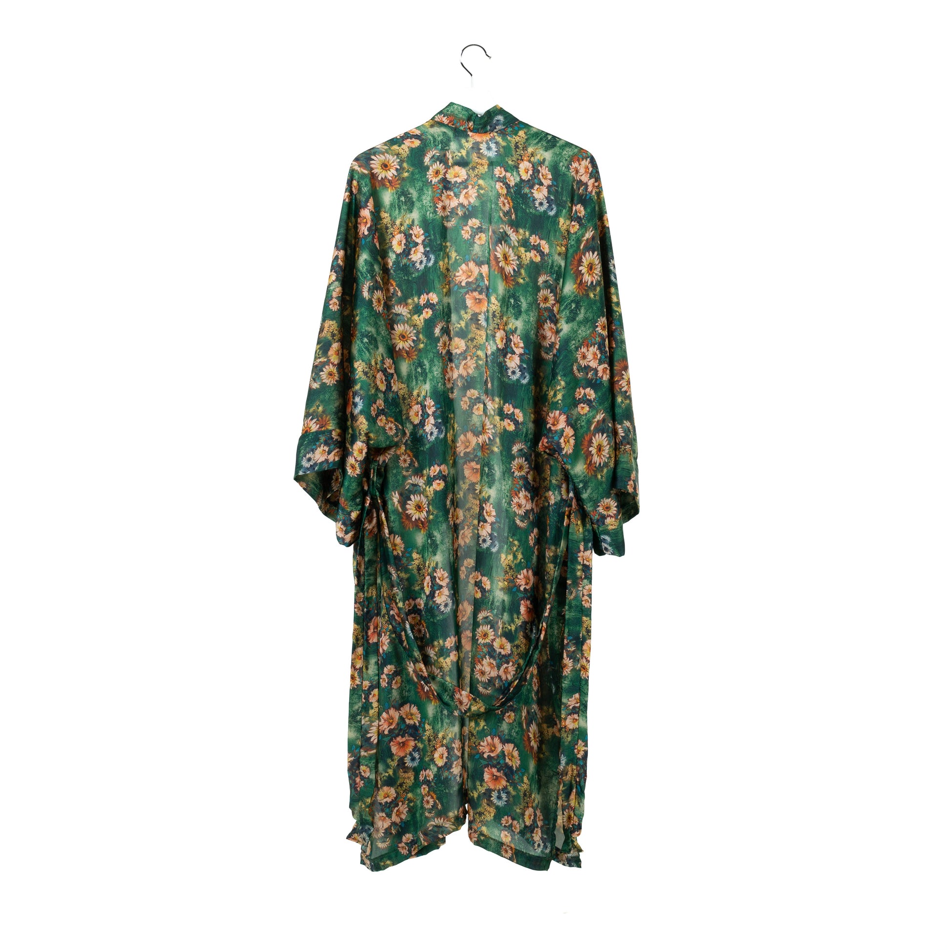 Natalie Anderson green and yellow satin sunflowers kimono - back view, belt visible